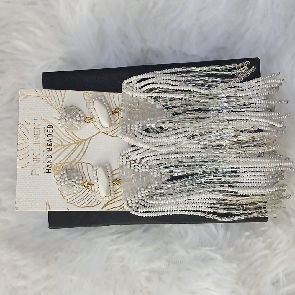 *NWT* Pink Linen Hand Beaded White Fringe Boho Festival Beach Summer Earrings